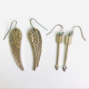 Set of 2 Silver Earrings: Angel Wings & Arrows